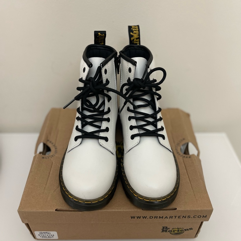 Dr. Martens White Leather Lace-Up Boots with Black Trim